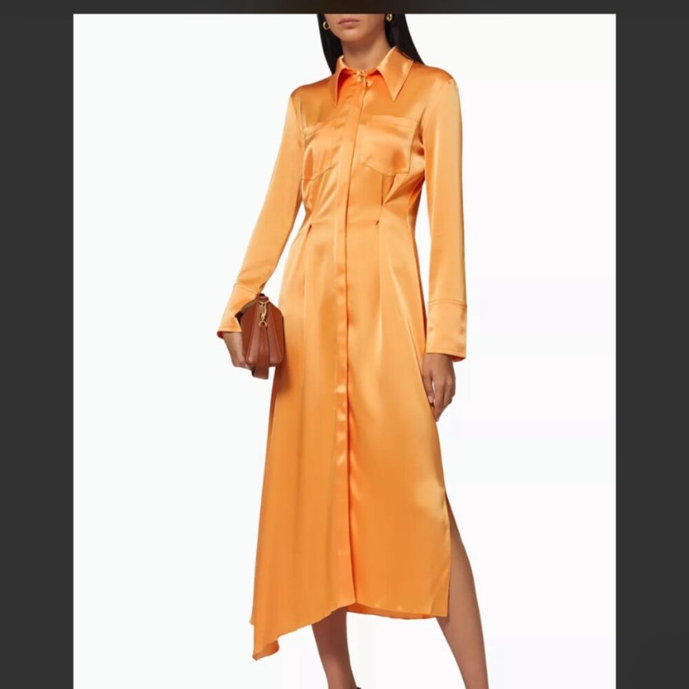 Nanushka Mamo shirt dress in satin Tangerine color Size Small Retail $1,000